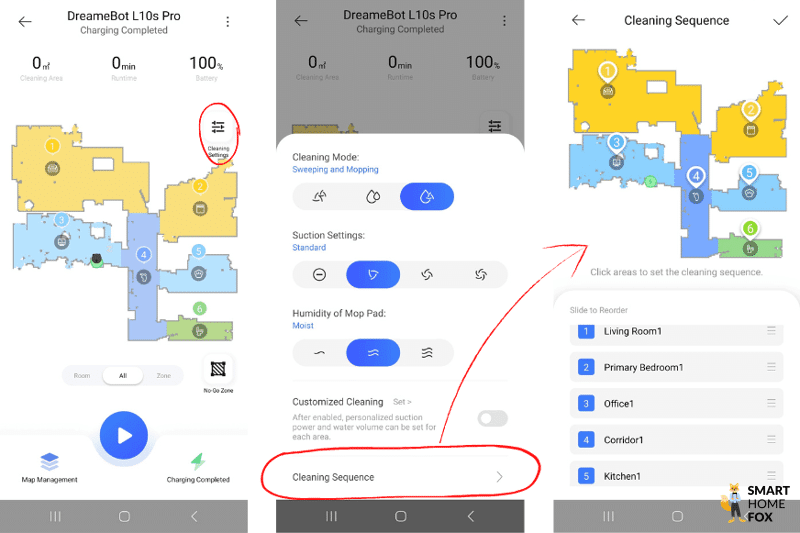 Последовательность уборки помещения задается в приложении Dreame L10s Pro.